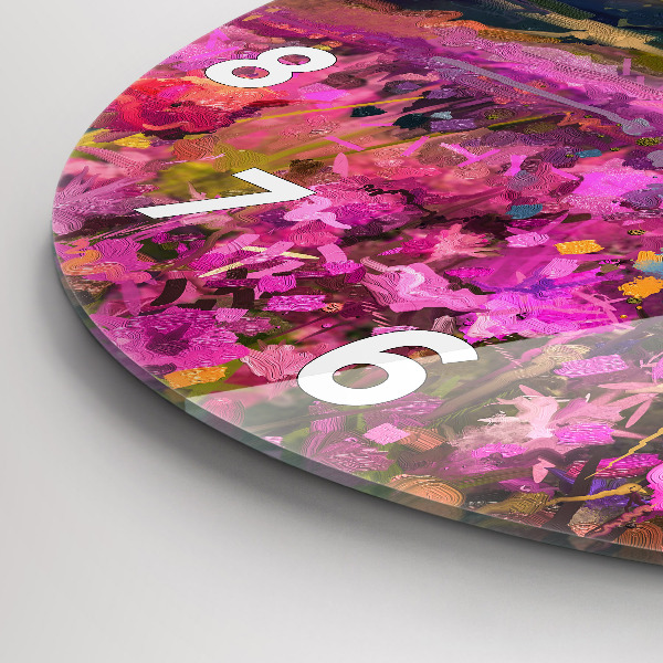 Kulaté skleněné hodiny s fotkou Louka při západu slunce