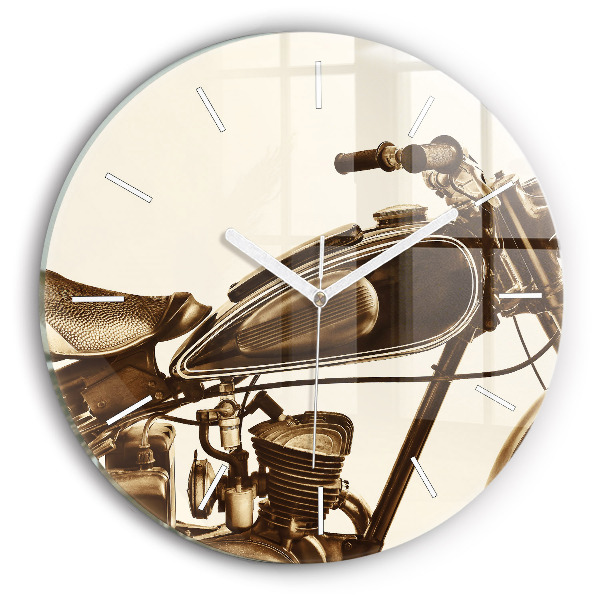 Kulaté skleněné hodiny s fotkou Sépiový motocykl Vintage