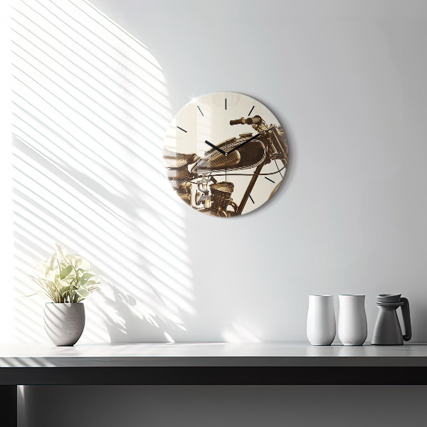 Kulaté skleněné hodiny s fotkou Sépiový motocykl Vintage