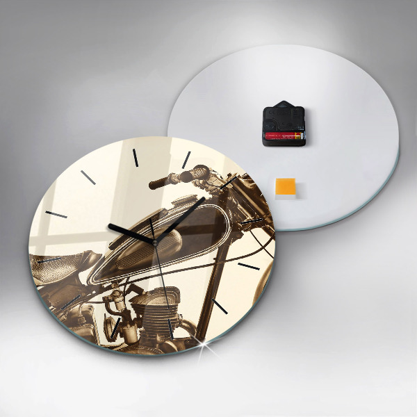 Kulaté skleněné hodiny s fotkou Sépiový motocykl Vintage