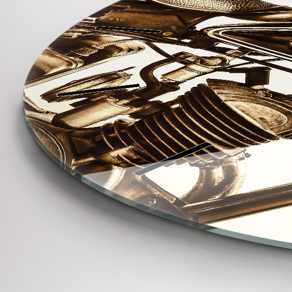 Kulaté skleněné hodiny s fotkou Sépiový motocykl Vintage