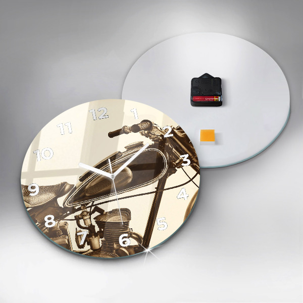 Kulaté skleněné hodiny s fotkou Sépiový motocykl Vintage