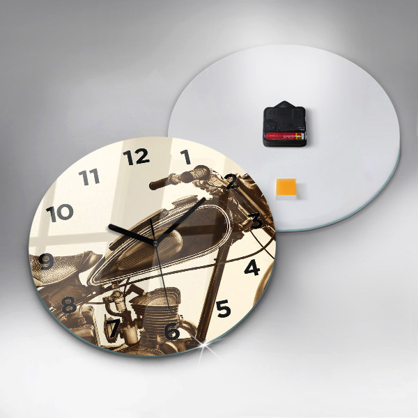Kulaté skleněné hodiny s fotkou Sépiový motocykl Vintage