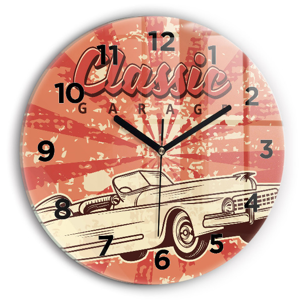 Kulaté skleněné hodiny s fotkou Retro retro auto