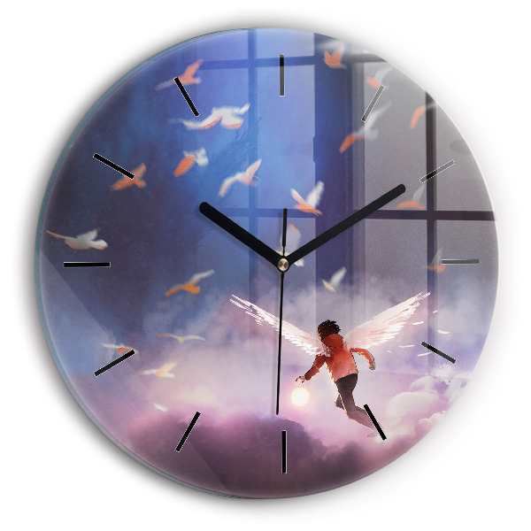 Kulaté skleněné hodiny s fotkou Chlapec s křídly