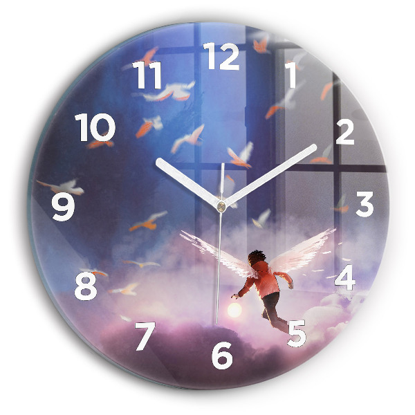 Kulaté skleněné hodiny s fotkou Chlapec s křídly