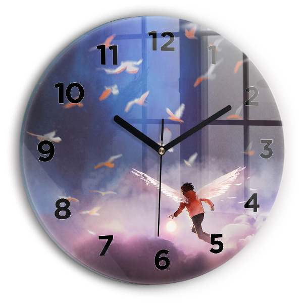 Kulaté skleněné hodiny s fotkou Chlapec s křídly