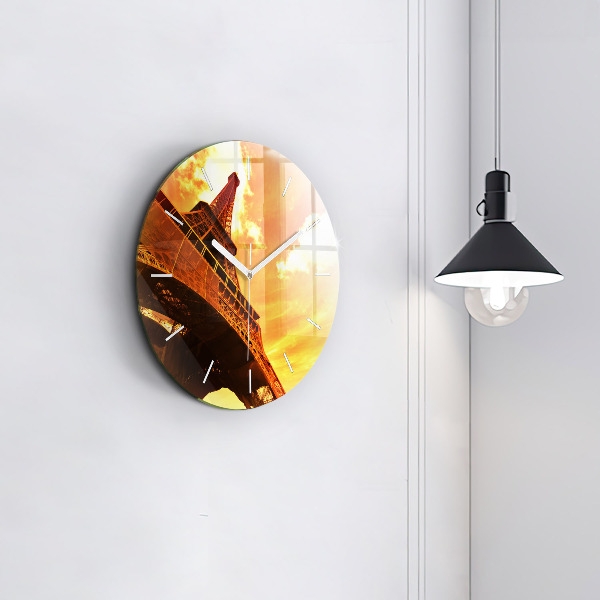 Kulaté skleněné hodiny s fotkou Eiffelova věž v Paříži