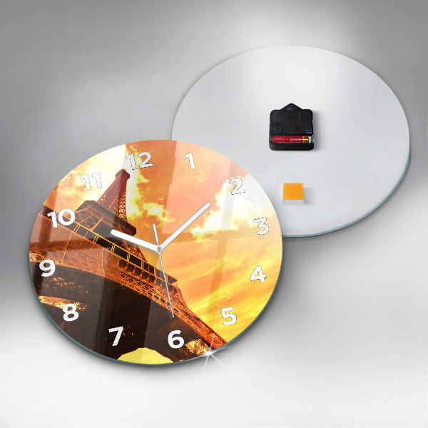 Kulaté skleněné hodiny s fotkou Eiffelova věž v Paříži