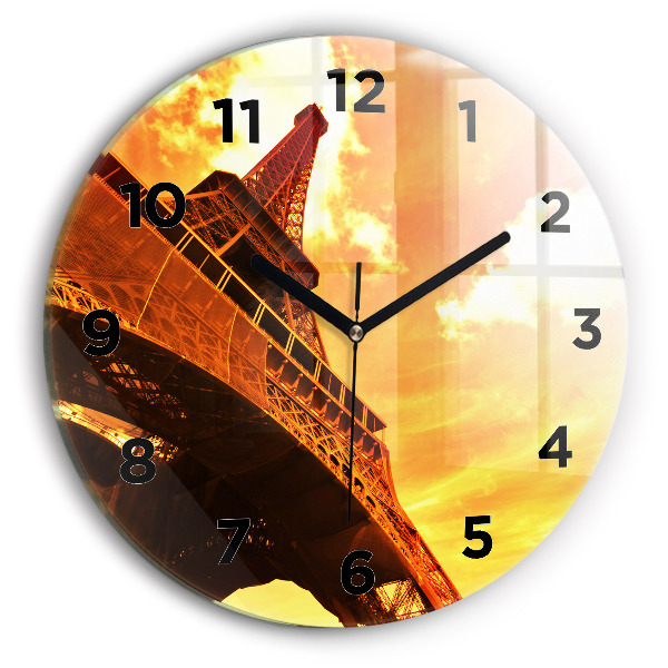 Kulaté skleněné hodiny s fotkou Eiffelova věž v Paříži