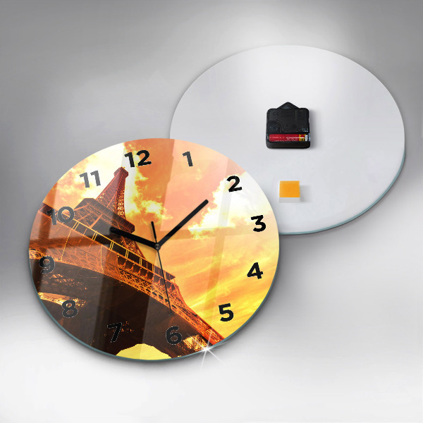 Kulaté skleněné hodiny s fotkou Eiffelova věž v Paříži