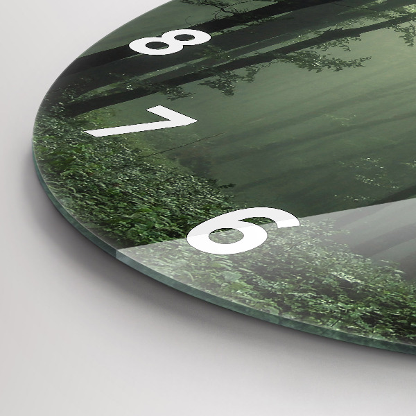 Kulaté skleněné hodiny s fotkou Mlžný les po ránu