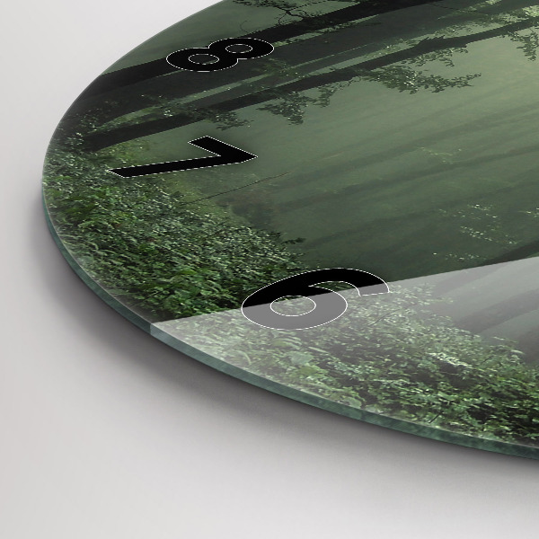 Kulaté skleněné hodiny s fotkou Mlžný les po ránu