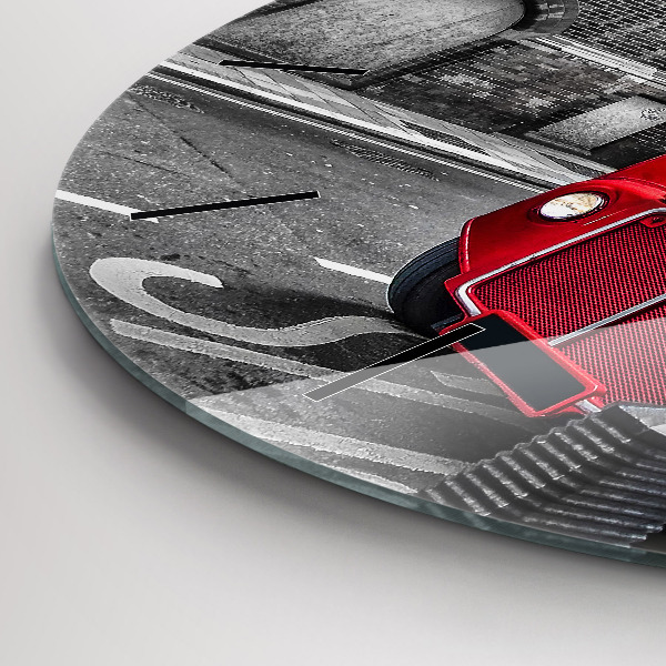 Kulaté skleněné hodiny s fotkou Červený dvoupatrový autobus