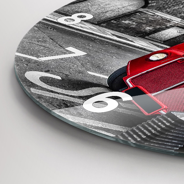 Kulaté skleněné hodiny s fotkou Červený dvoupatrový autobus