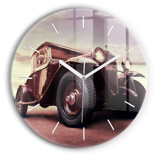 Kulaté skleněné hodiny s fotkou Historické auto