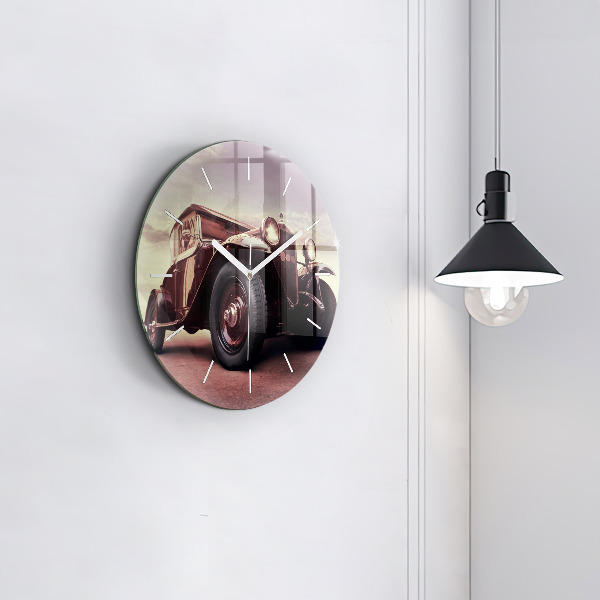 Kulaté skleněné hodiny s fotkou Historické auto