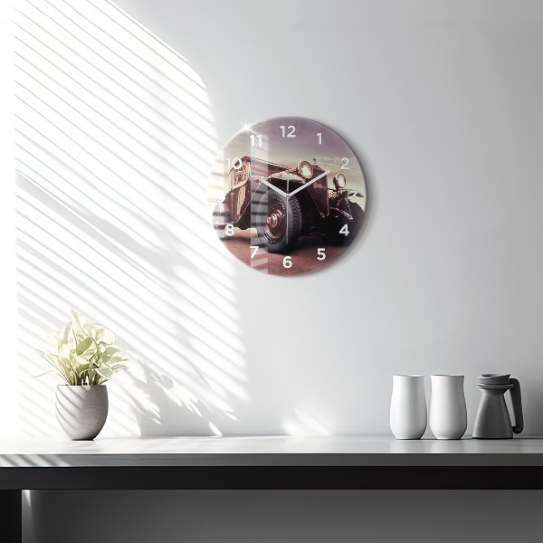 Kulaté skleněné hodiny s fotkou Historické auto
