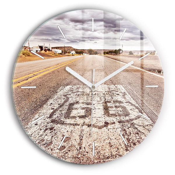 Kulaté skleněné hodiny s fotkou Route 66 USA