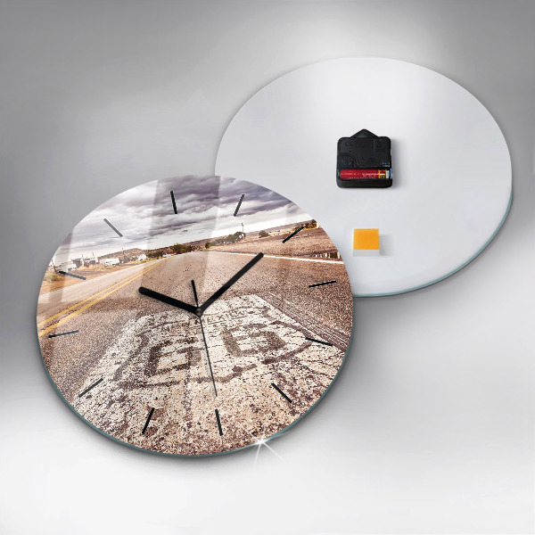 Kulaté skleněné hodiny s fotkou Route 66 USA