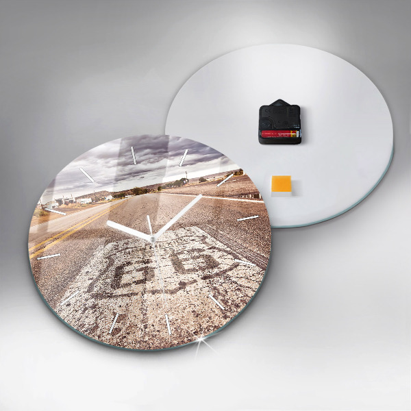 Kulaté skleněné hodiny s fotkou Route 66 USA