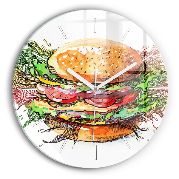 Kulaté skleněné hodiny s fotkou XXL sýrový hamburger