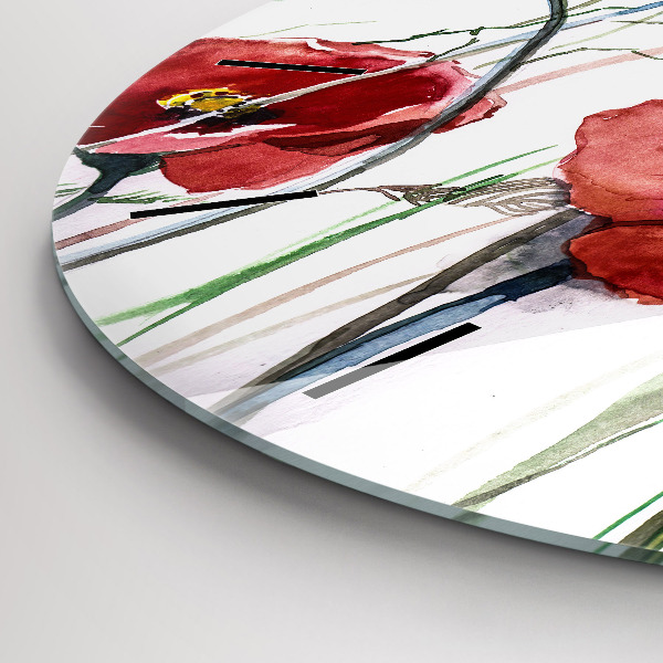 Kulaté skleněné hodiny s fotkou Malované červené máky