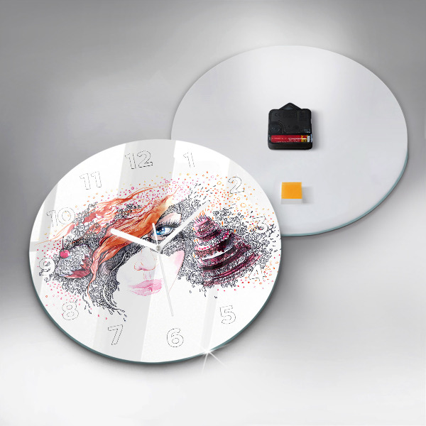 Kulaté skleněné hodiny s fotkou Sladká žena s dortem