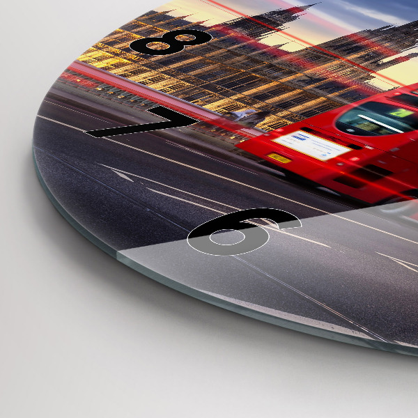 Kulaté skleněné hodiny s fotkou Červený londýnský autobus