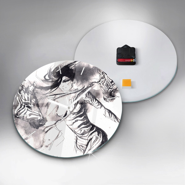 Kulaté skleněné hodiny s fotkou Žena a zebry