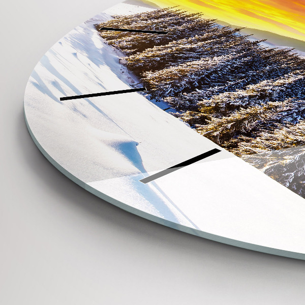 Kulaté skleněné hodiny s fotkou Zimní horská krajina