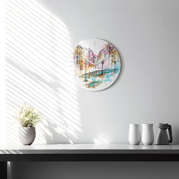 Kulaté skleněné hodiny s fotkou Malovaná architektura