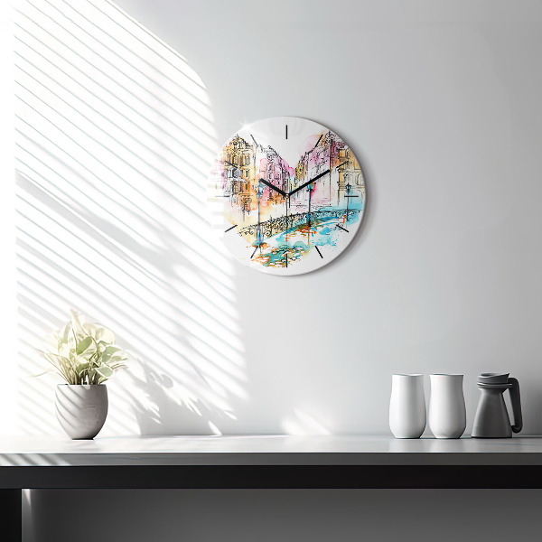 Kulaté skleněné hodiny s fotkou Malovaná architektura