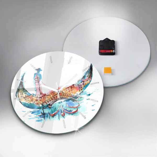 Kulaté skleněné hodiny s fotkou Itálie - Benátská gondola