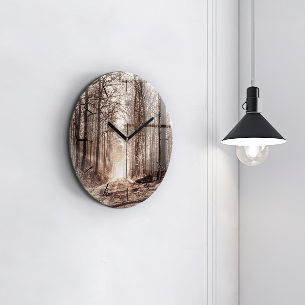 Kulaté skleněné hodiny s fotkou Lesní cesta v sépiové barvě