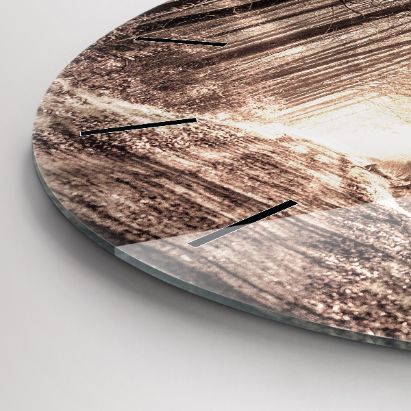 Kulaté skleněné hodiny s fotkou Lesní cesta v sépiové barvě