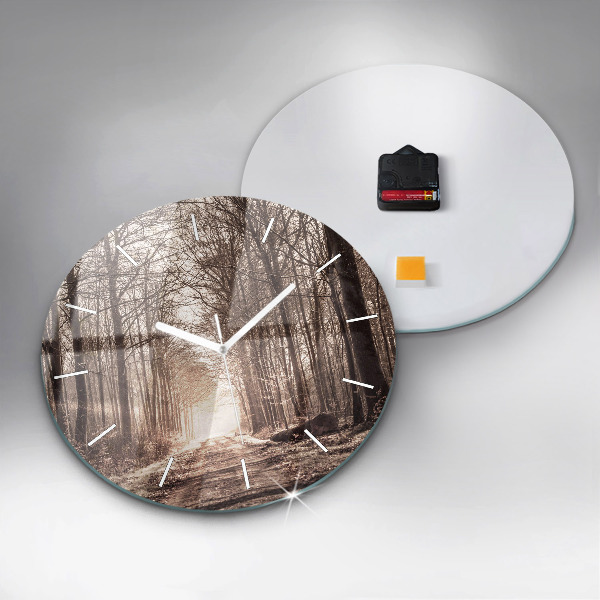 Kulaté skleněné hodiny s fotkou Lesní cesta v sépiové barvě