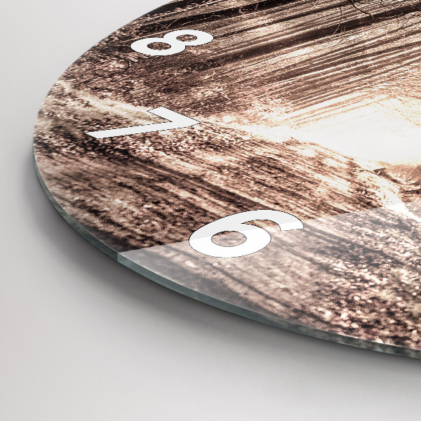 Kulaté skleněné hodiny s fotkou Lesní cesta v sépiové barvě