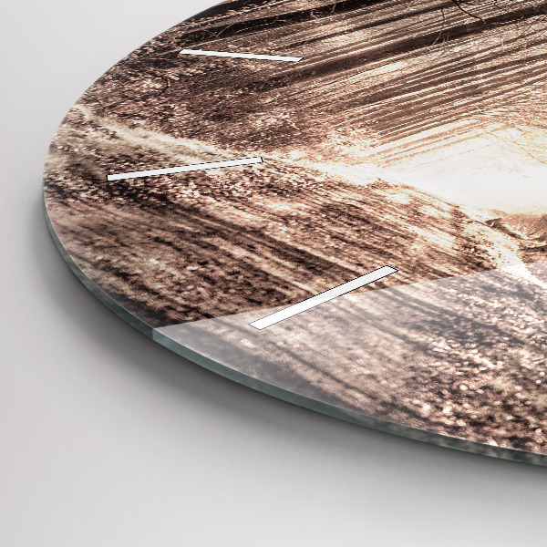 Kulaté skleněné hodiny s fotkou Lesní cesta v sépiové barvě