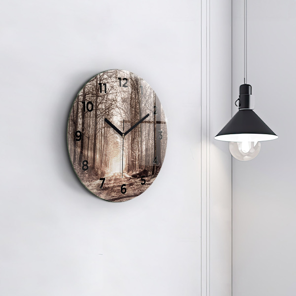 Kulaté skleněné hodiny s fotkou Lesní cesta v sépiové barvě