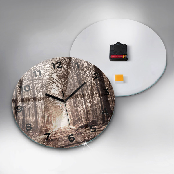 Kulaté skleněné hodiny s fotkou Lesní cesta v sépiové barvě