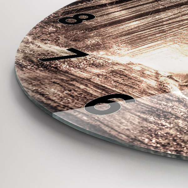 Kulaté skleněné hodiny s fotkou Lesní cesta v sépiové barvě