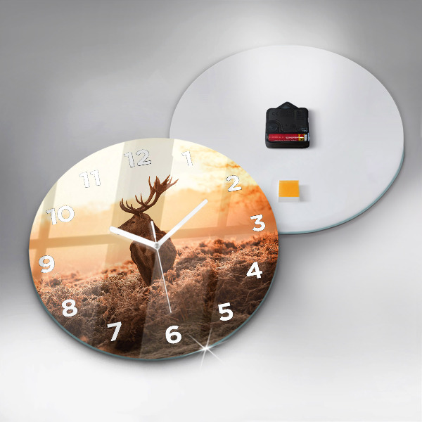Kulaté skleněné hodiny s fotkou Jelen při východu slunce