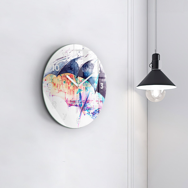 Kulaté skleněné hodiny s fotkou Deštník a město