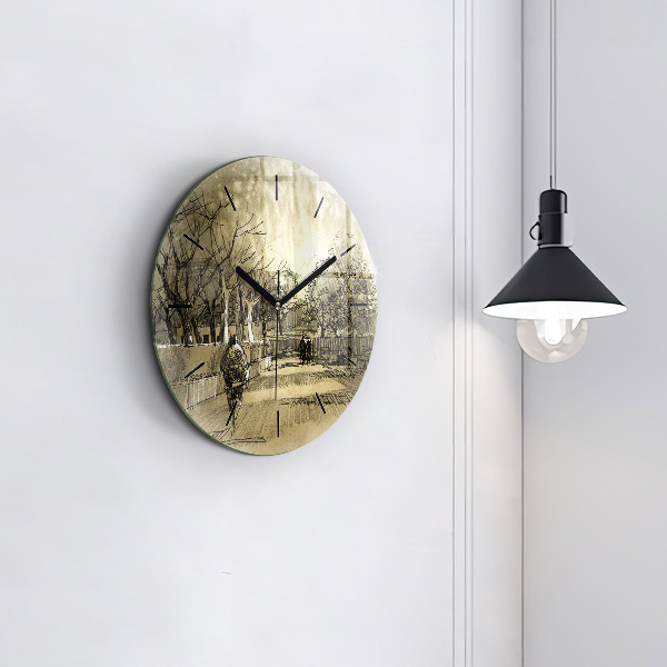 Kulaté skleněné hodiny s fotkou Park a stromy v sépiové barvě
