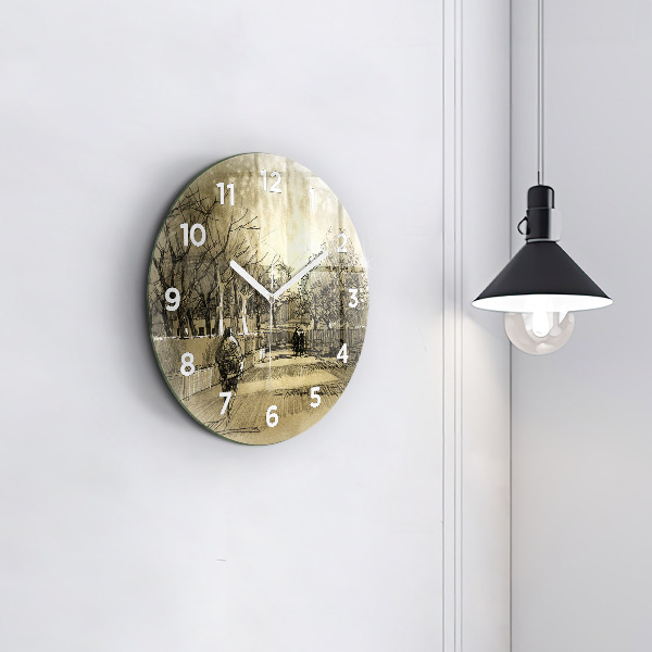 Kulaté skleněné hodiny s fotkou Park a stromy v sépiové barvě