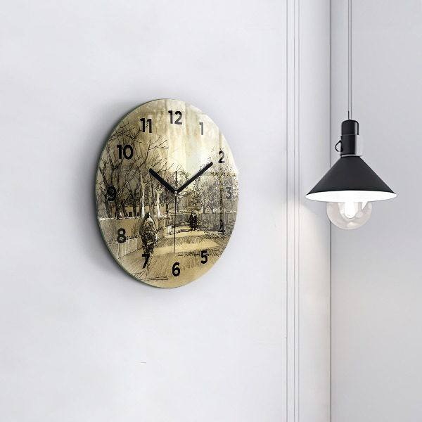 Kulaté skleněné hodiny s fotkou Park a stromy v sépiové barvě