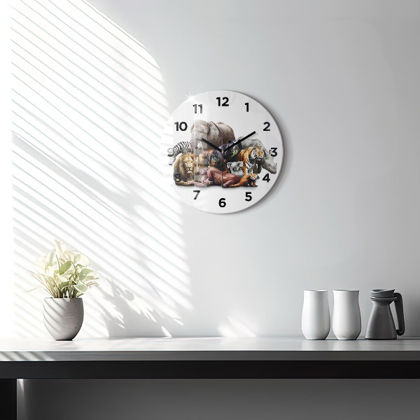 Kulaté skleněné hodiny s fotkou Divoká zvířata