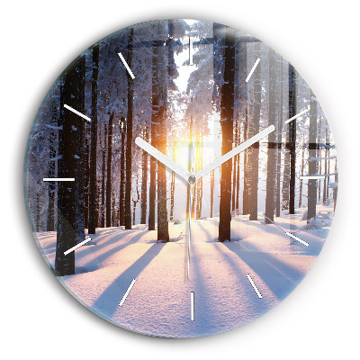 Kulaté skleněné hodiny s fotkou Les při západu slunce