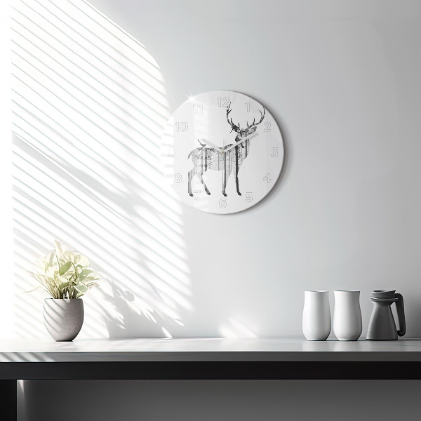 Kulaté skleněné hodiny s fotkou Silueta jelena Les